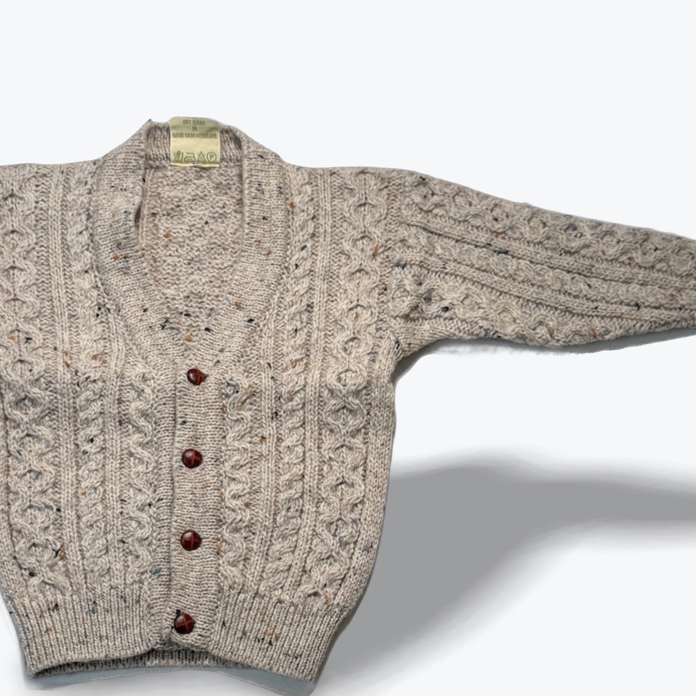 Falcara Ireland Wool Cardigan Sweater Oatmeal Donegal Tweed Cable Knit Kids 4T